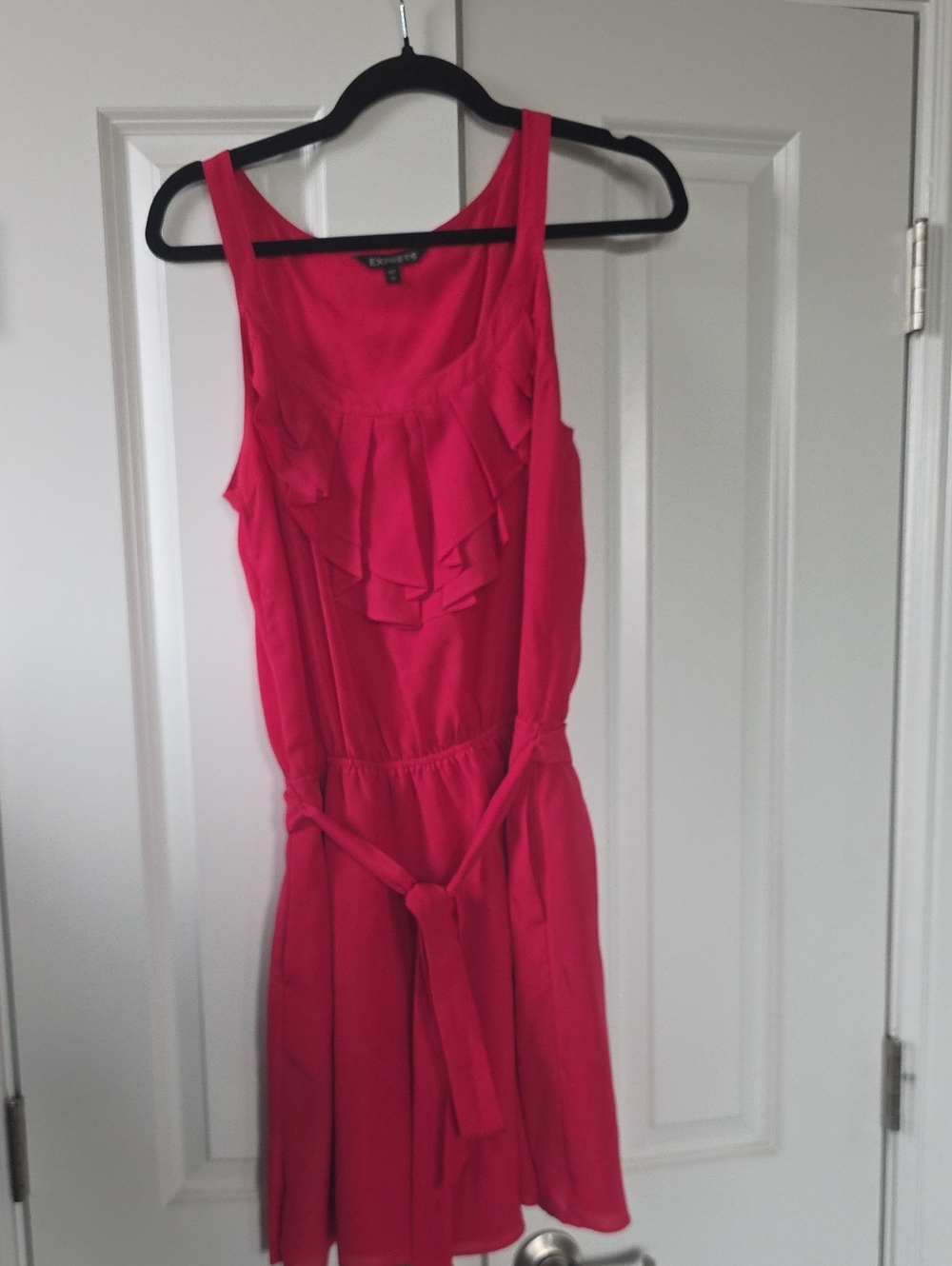 Express Sleeveless Ruffle Tie-Waist Dress in Bright Pink